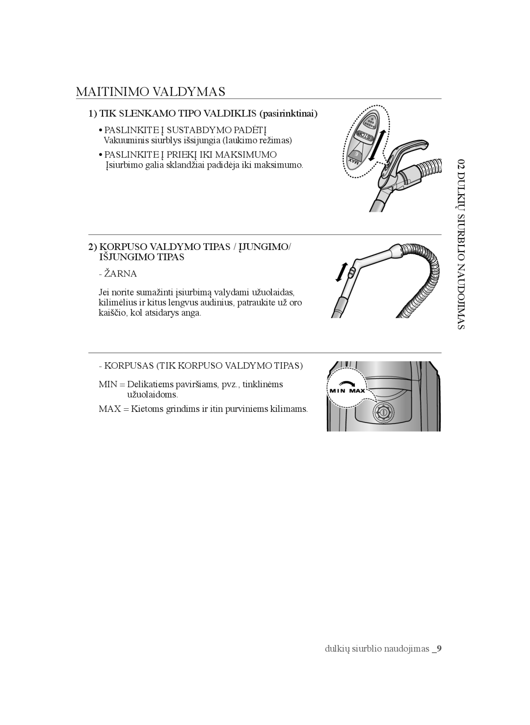 Samsung VCC45W0S3B/XEO, VCC45S0S3R/XEF manual Maitinimo Valdymas, Korpuso Valdymo Tipas / ĮJUNGIMO/ Išjungimo Tipas Žarna 