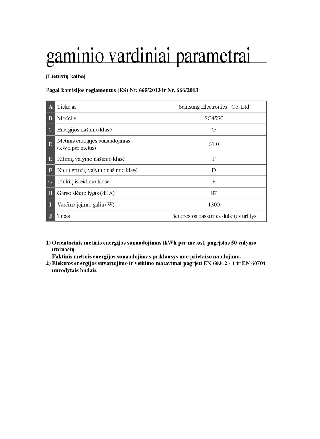 Samsung VCC45S0S3R/XEN, VCC45S0S3R/XEF, VCC45W0S3B/XEP, VCC45W0S3R/XTR, VCC45W0S3B/XEO manual Gaminio vardiniai parametrai 