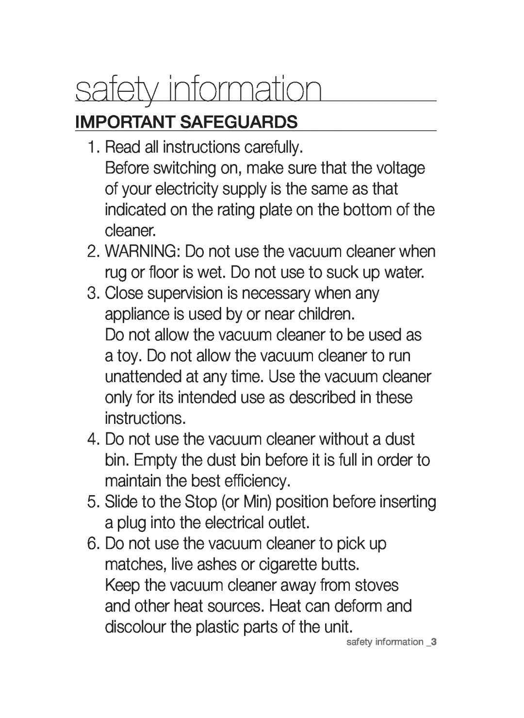 Samsung VCC45W0S3B/XEO, VCC45S0S3R/XEF manual safety information, IMPORTANT SAFEGUARDS 1. Read all instructions carefully 