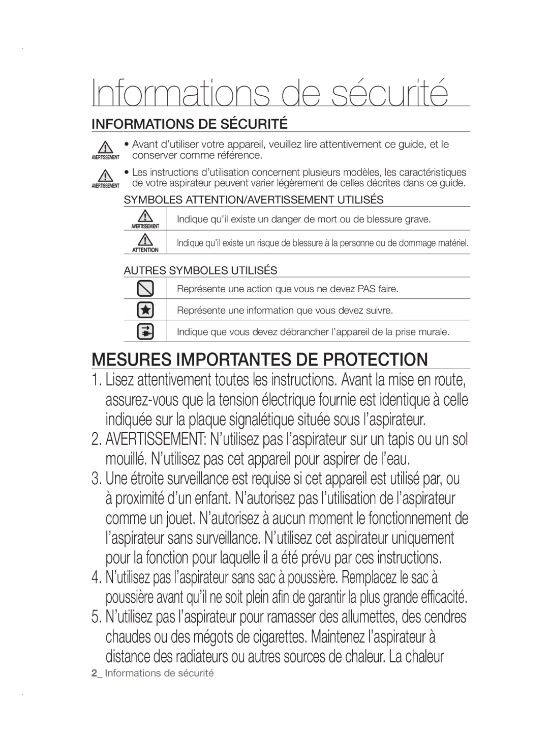 Samsung VCC45S0S3R/XEF manual Informations de sécurité, Informations DE Sécurité 