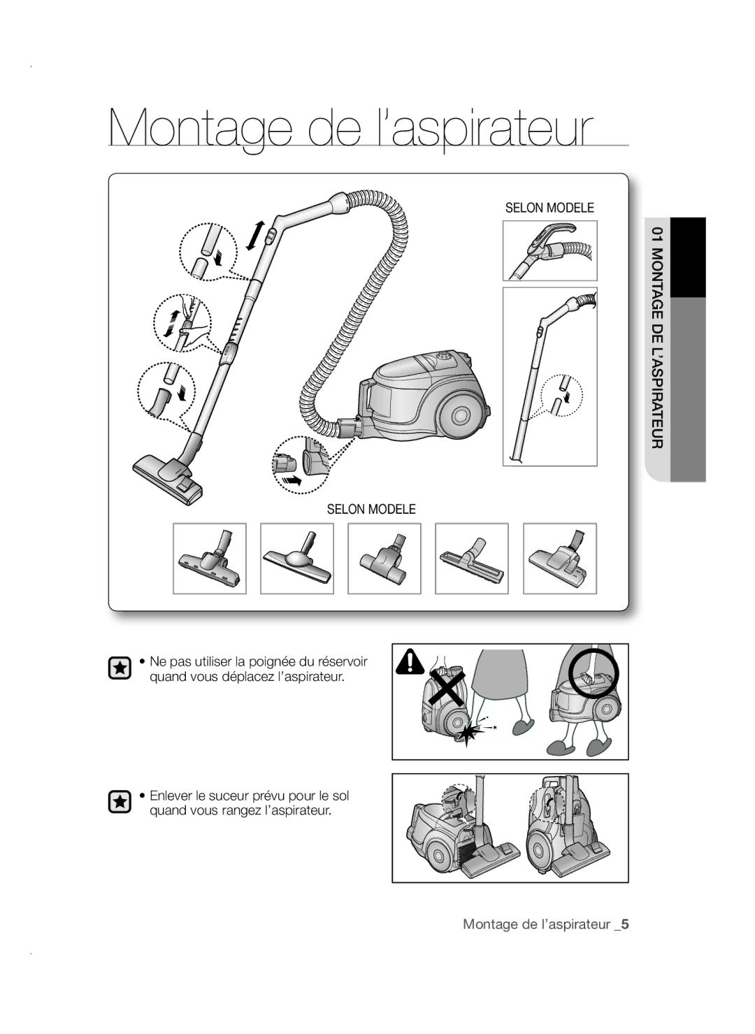 Samsung VCC45S0S3R/XEF manual Montage de l’aspirateur, Selon Modele Montage DE L’ASPIRATEUR 