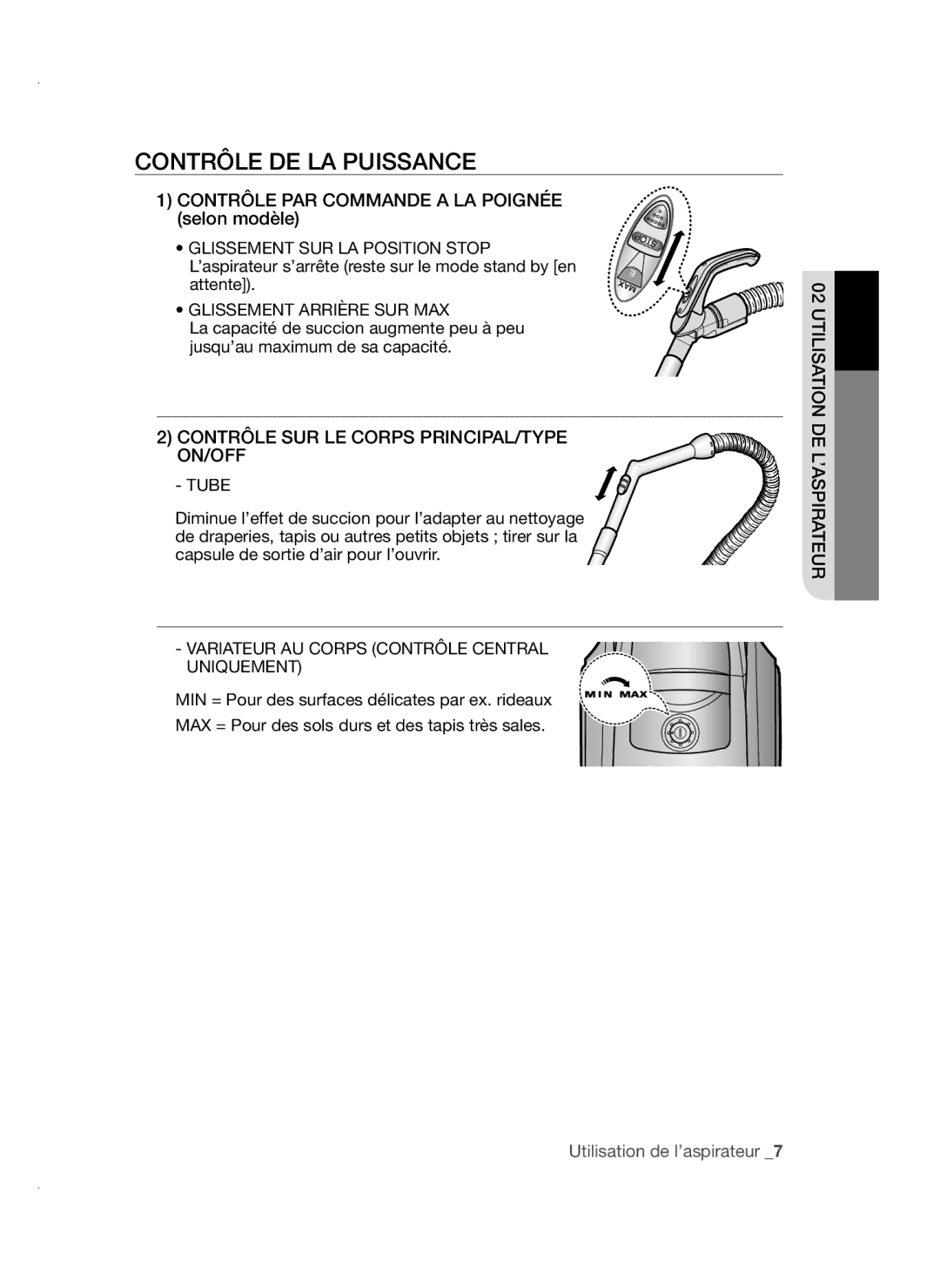 Samsung VCC45S0S3R/XEF manual Contrôle DE LA Puissance, Glissement Arrière SUR MAX, Utilisation DE L’ASPIRATEUR 