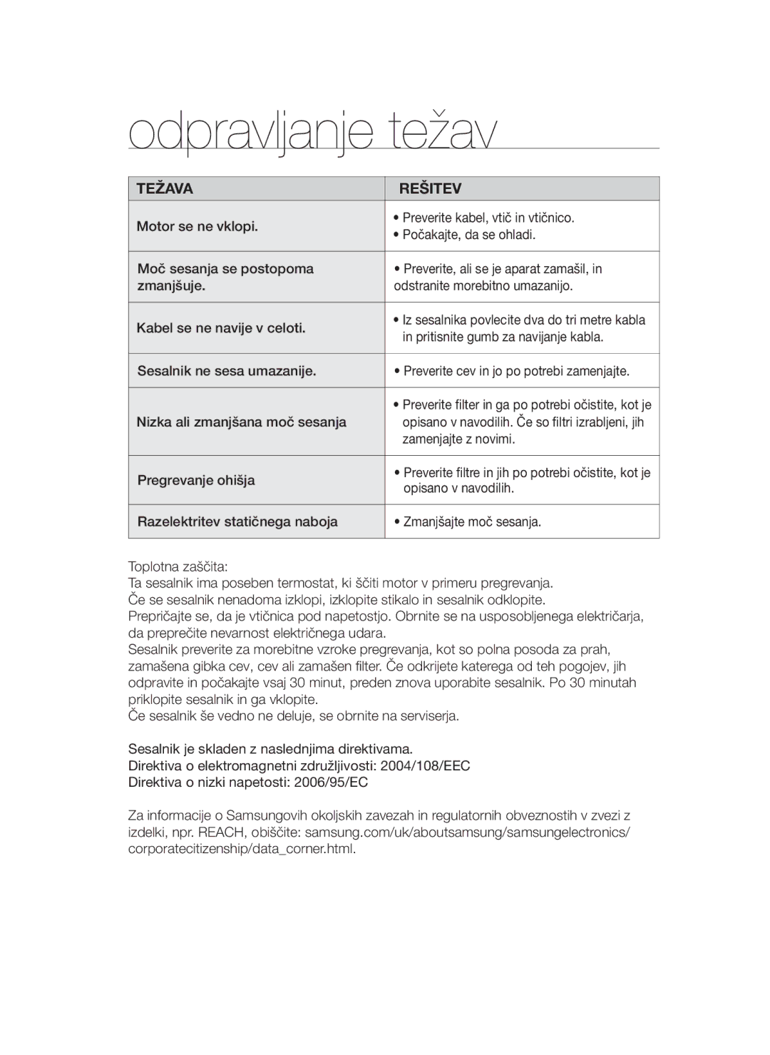 Samsung VCC45T0S3R/BOL manual Odpravljanje težav 