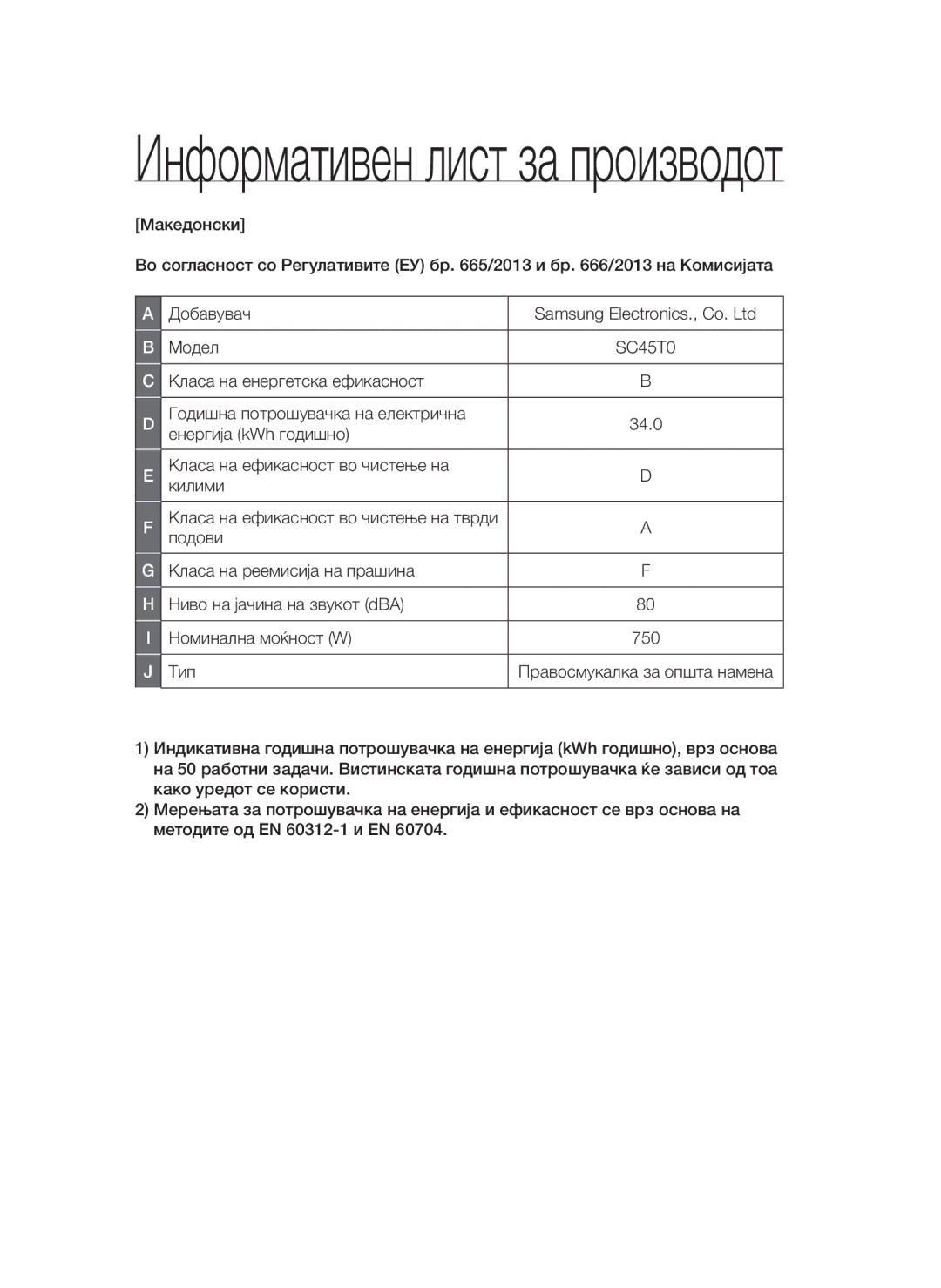 Samsung VCC45T0S3R/BOL manual Енергија kWh годишно, Класа на ефикасност во чистење на Килими, Подови, Тип 