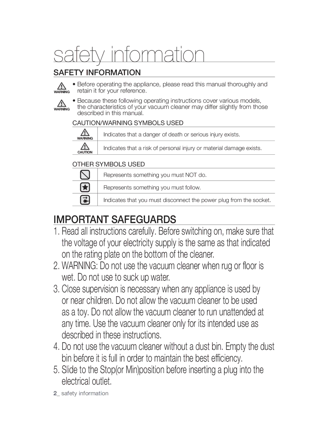 Samsung VCC45T0S3R/BOL manual Safety information, Safety Information 