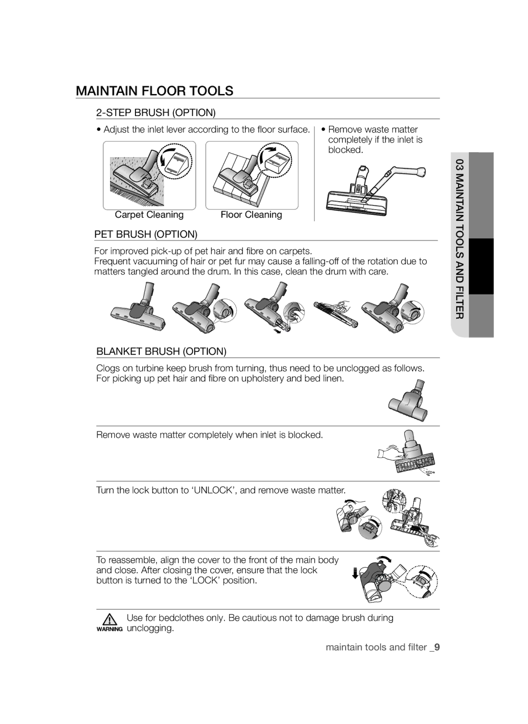 Samsung VCC45T0S3R/BOL manual Maintain Floor Tools, Step Brush Option, PET Brush Option, Blanket Brush Option 