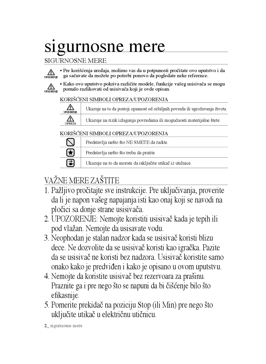 Samsung VCC45T0S3R/BOL manual Sigurnosne mere, Sigurnosne Mere 