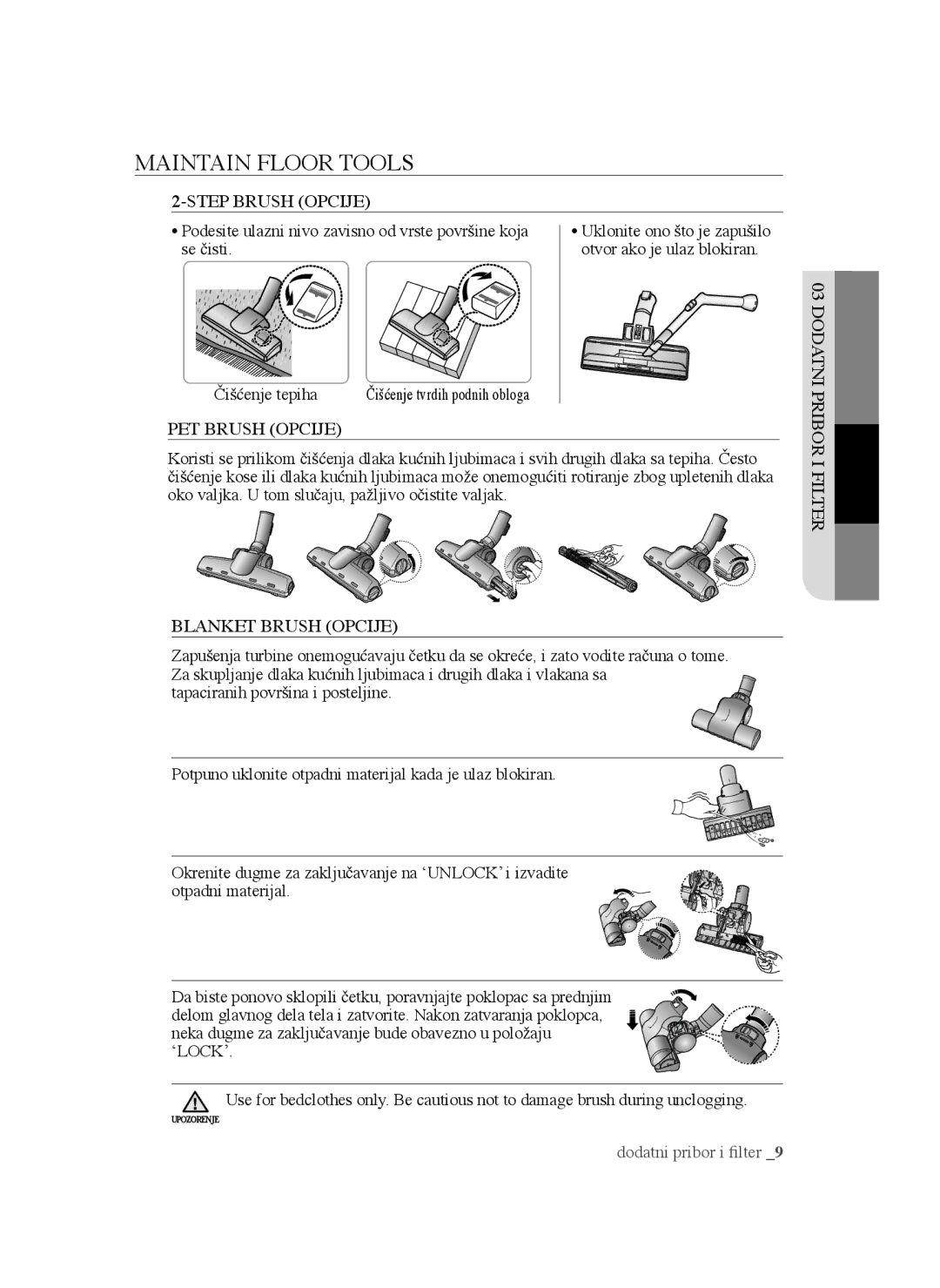 Samsung VCC45T0S3R/BOL manual Step Brush Opcije, PET Brush Opcije, Blanket Brush Opcije, Dodatni Pribor I Filter 