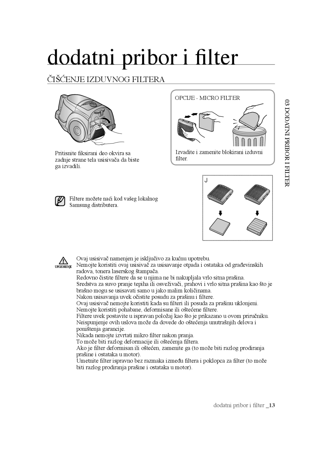 Samsung VCC45T0S3R/BOL manual Opcije Micro Filter Dodatni, Pribor I Filter 