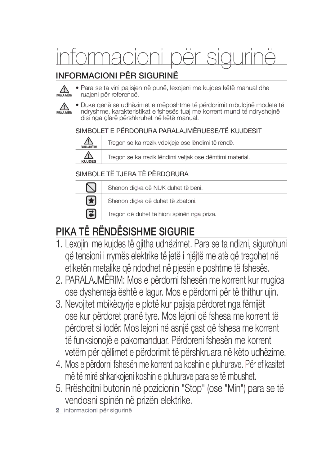 Samsung VCC45T0S3R/BOL manual Informacioni për sigurinë, Informacioni PËR Sigurinë 