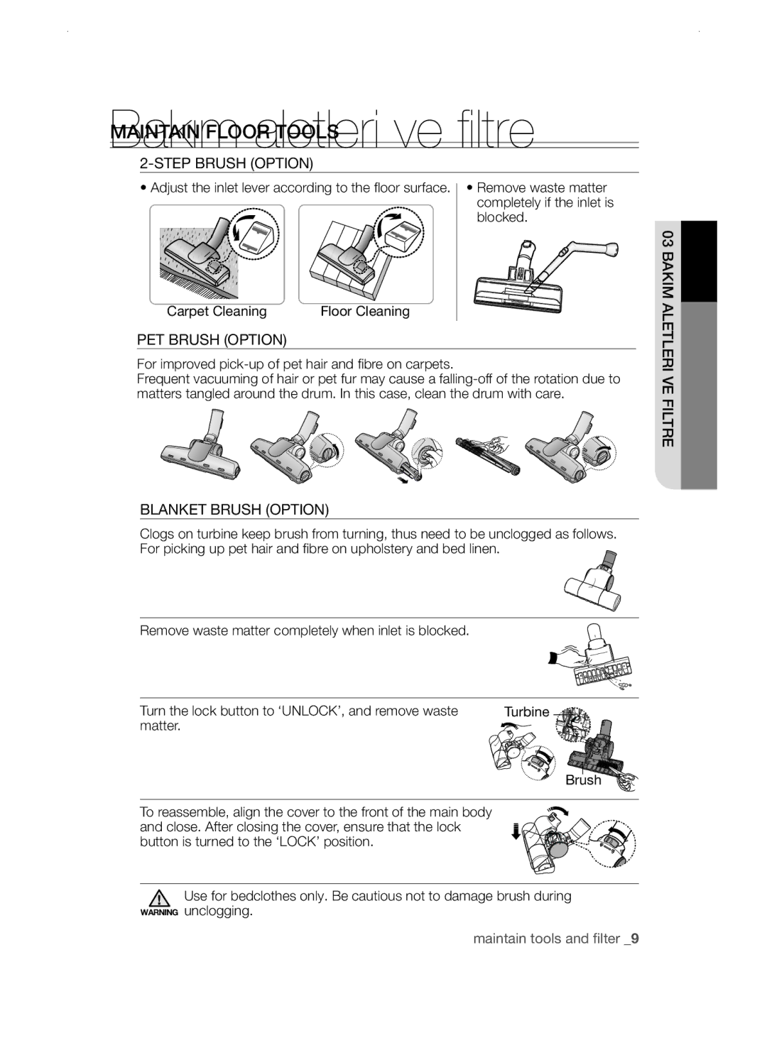 Samsung VCC45W0S3B/XEP, VCC45W0S3R/XTR Maintain Floor Tools, Step Brush Option, PET Brush Option, Blanket Brush Option 