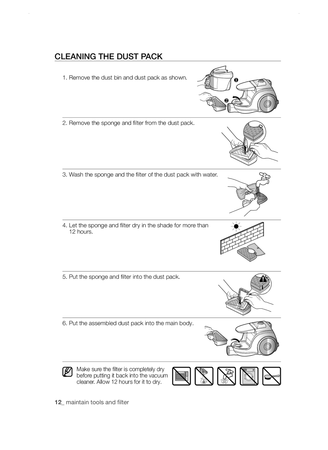 Samsung VCC45W0S3B/XEP, VCC45W0S3R/XTR, VCC45W0S3B/XEO manual Cleaning the Dust Pack 