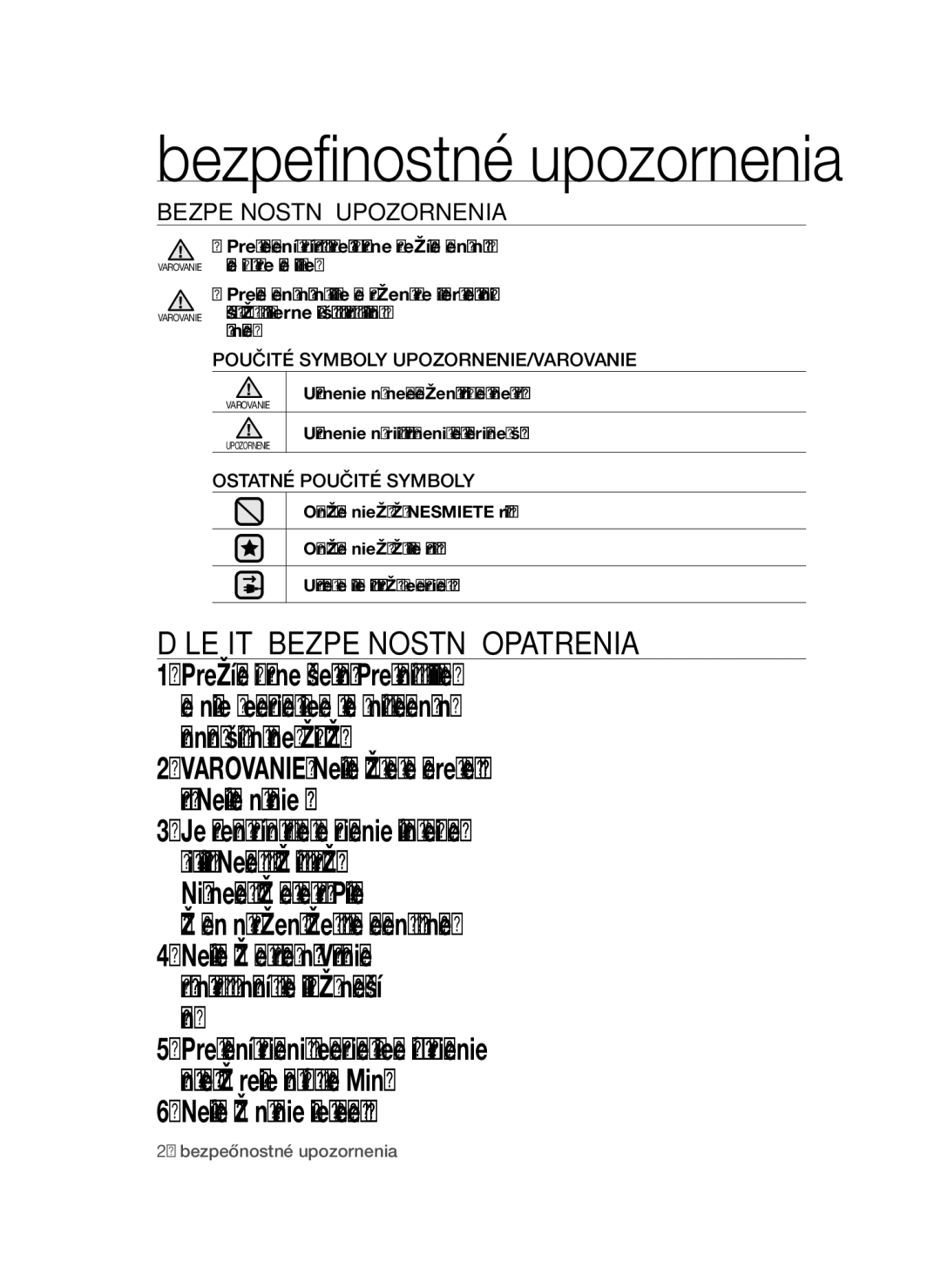 Samsung VCC45W0S3R/XEH, VCC45S0S3R/XEH Bezpečnostné Upozornenia, Upozornenie na nebezpečenstvo smrti alebo vážneho úrazu 