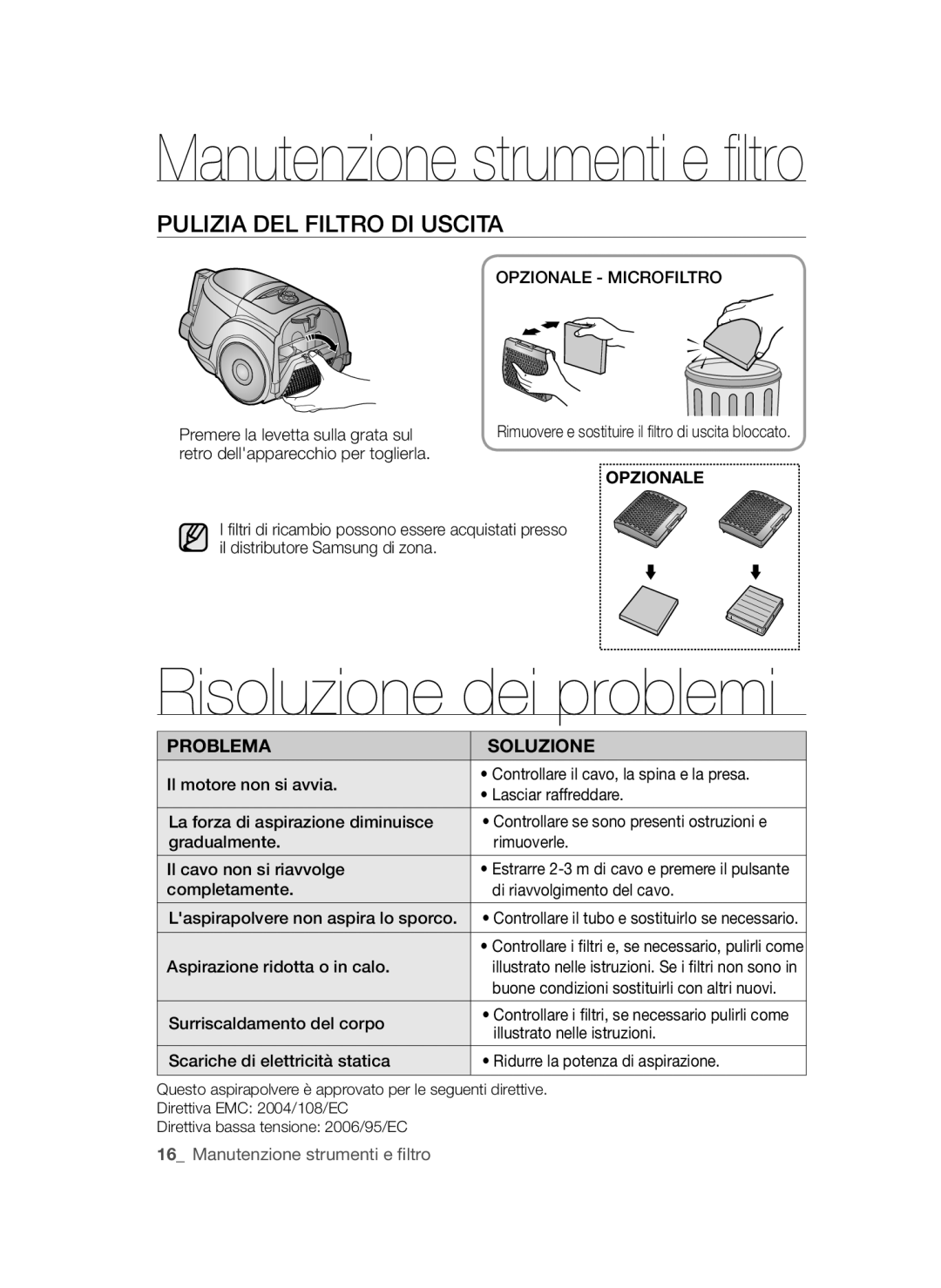 Samsung VCC45W0S3R/XEC, VCC45W1S3S/XET manual Risoluzione dei problemi, Pulizia DEL Filtro DI Uscita, Opzionale Microfiltro 