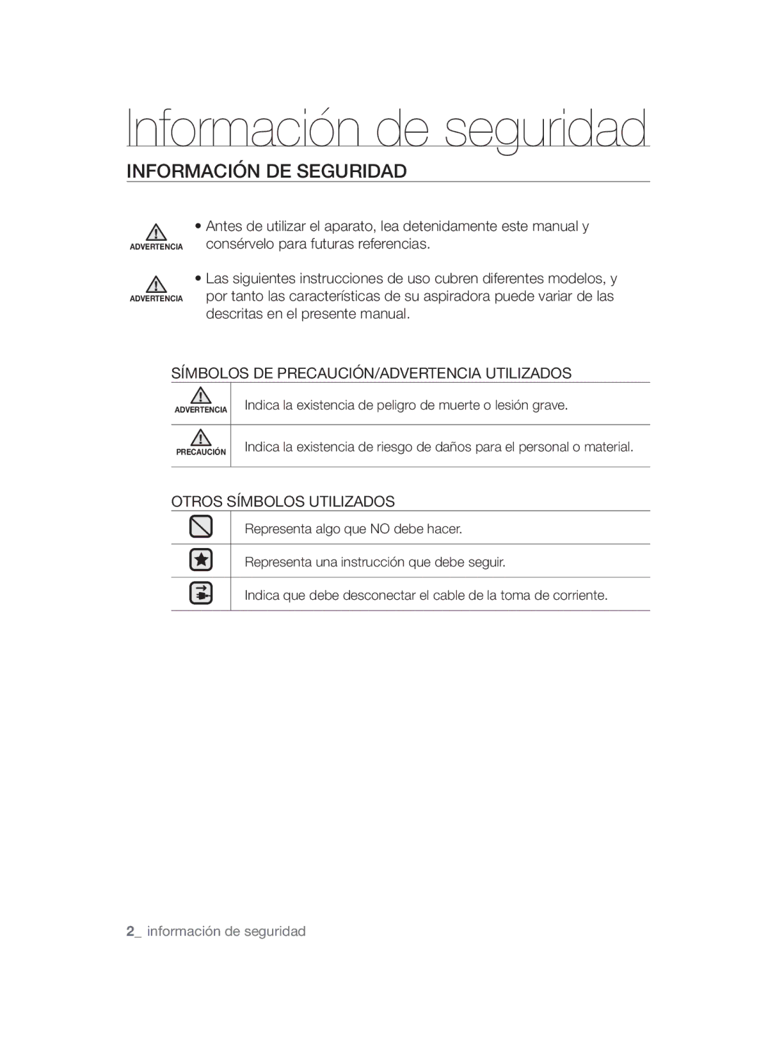 Samsung VCC45W0S3B/XEP, VCC45W1S3S/XET, VCC45W0S3R/XEC manual Información de seguridad, Información DE Seguridad 