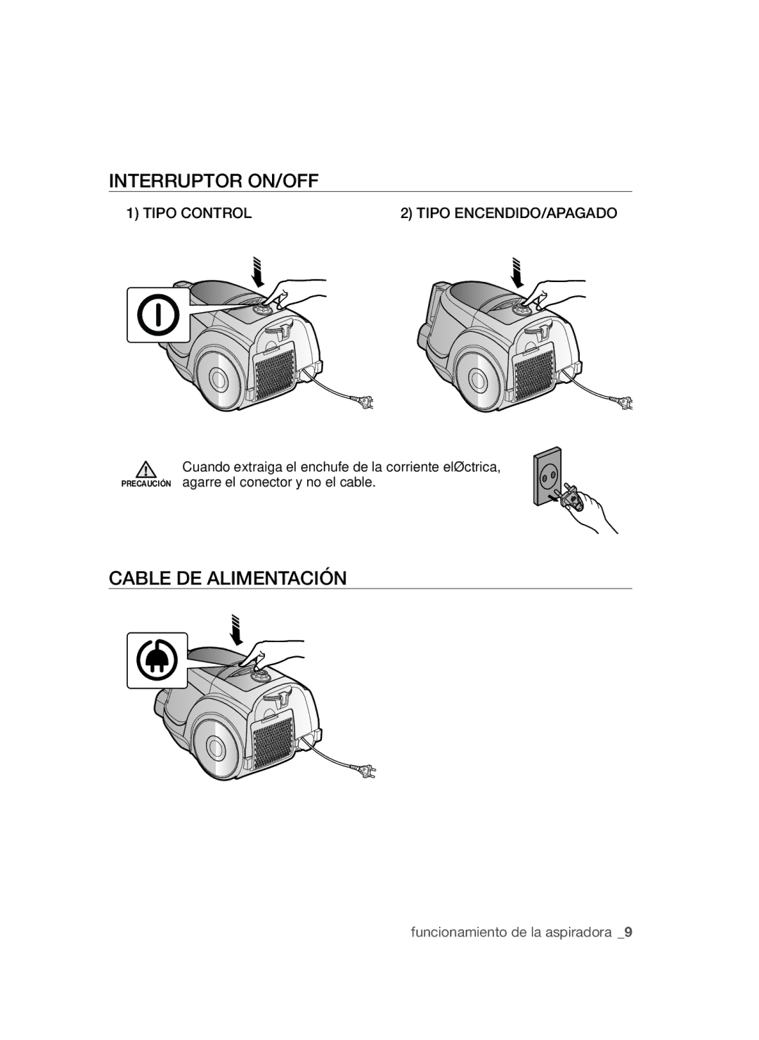 Samsung VCC45W1S3S/XET, VCC45W0S3R/XEC, VCC45W0S3B/XEP manual Interruptor ON/OFF, Cable DE Alimentación, Tipo Control 