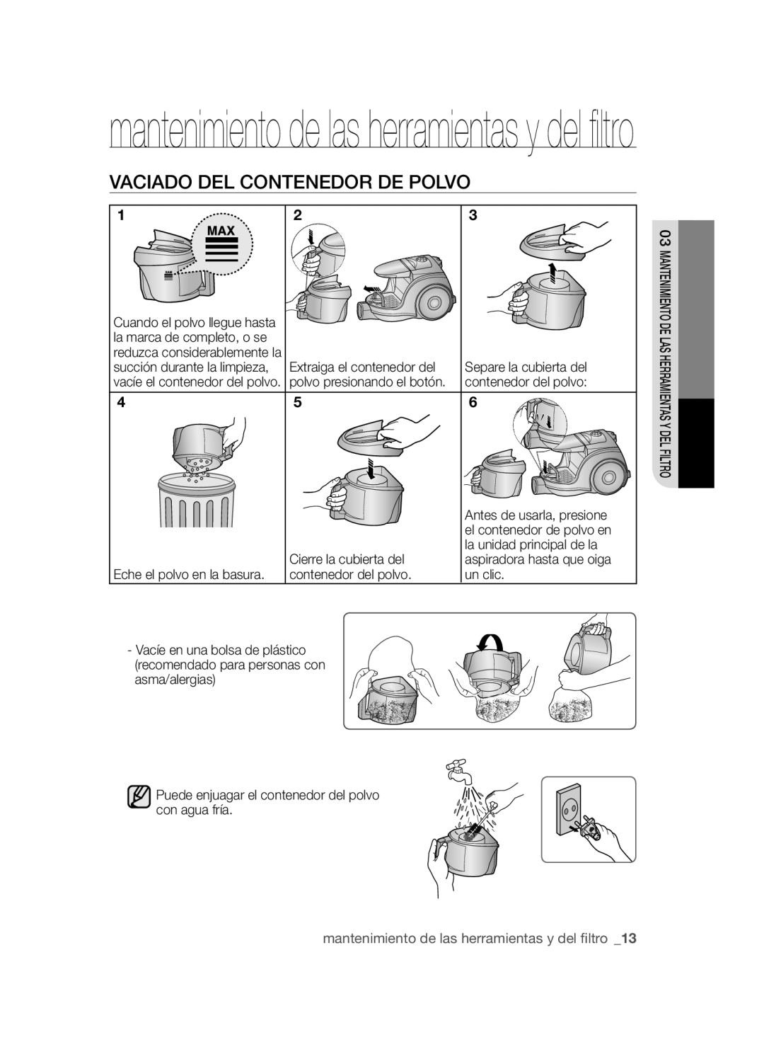 Samsung VCC45W0S3R/XEC, VCC45W1S3S/XET, VCC45W0S3B/XEP manual Vaciado DEL Contenedor DE Polvo 