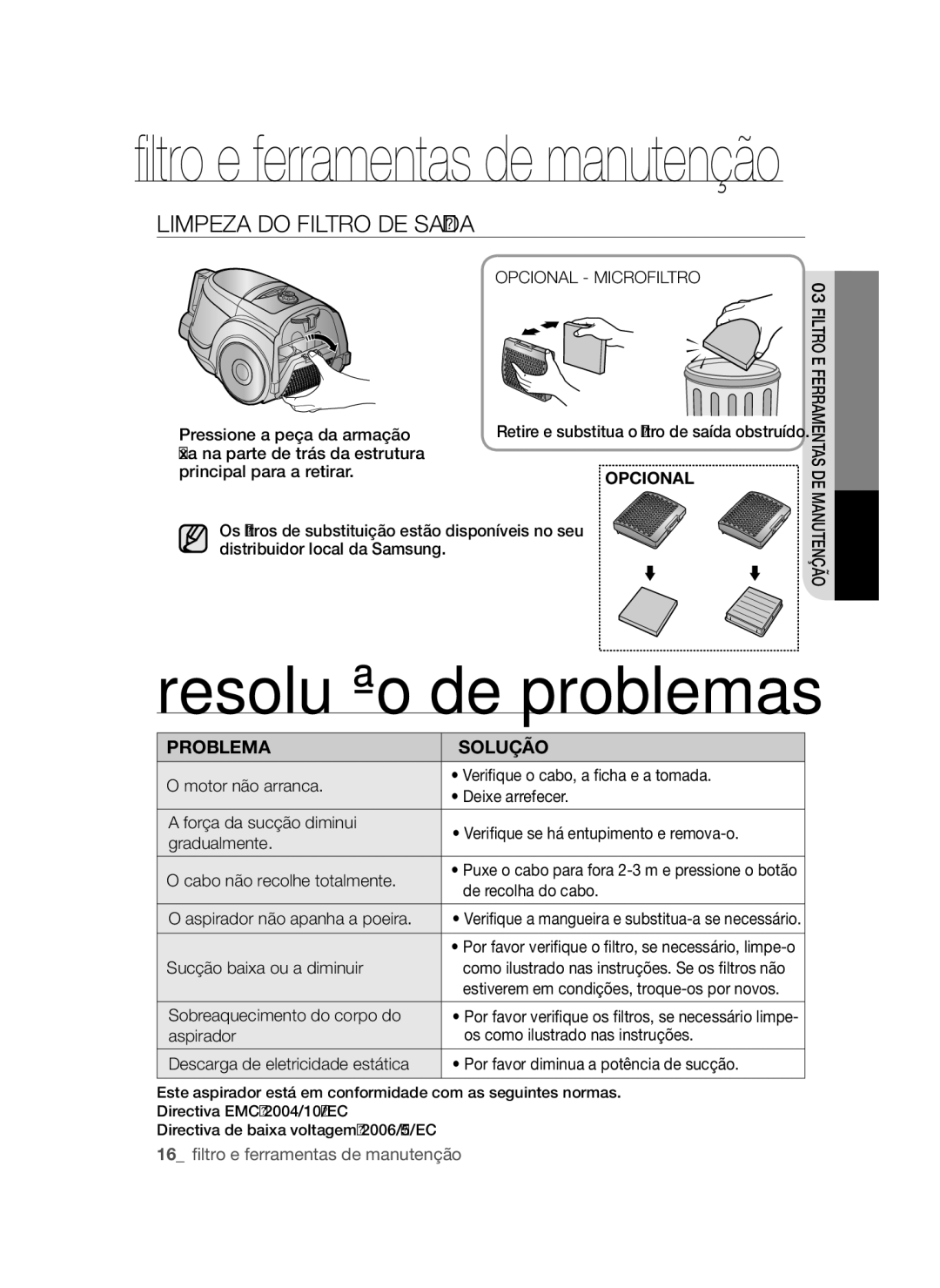 Samsung VCC45W1S3S/XET, VCC45W0S3R/XEC manual Resolução de problemas, Limpeza do Filtro DE Saída, Opcional Microfiltro 