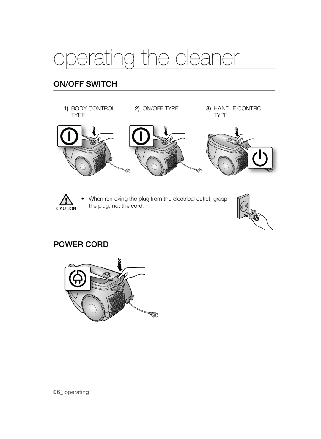 Samsung VCC4710S32/KSV manual Operating the cleaner, ON/OFF Switch, Power Cord, Body Control ON/OFF Type Handle Control 