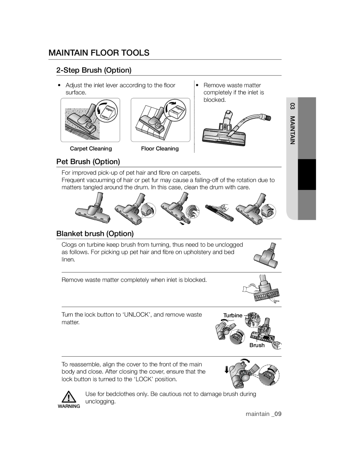 Samsung VCC4710S32/XSV, VCC4710S32/KSV manual Maintain floor tools, Step Brush Option 