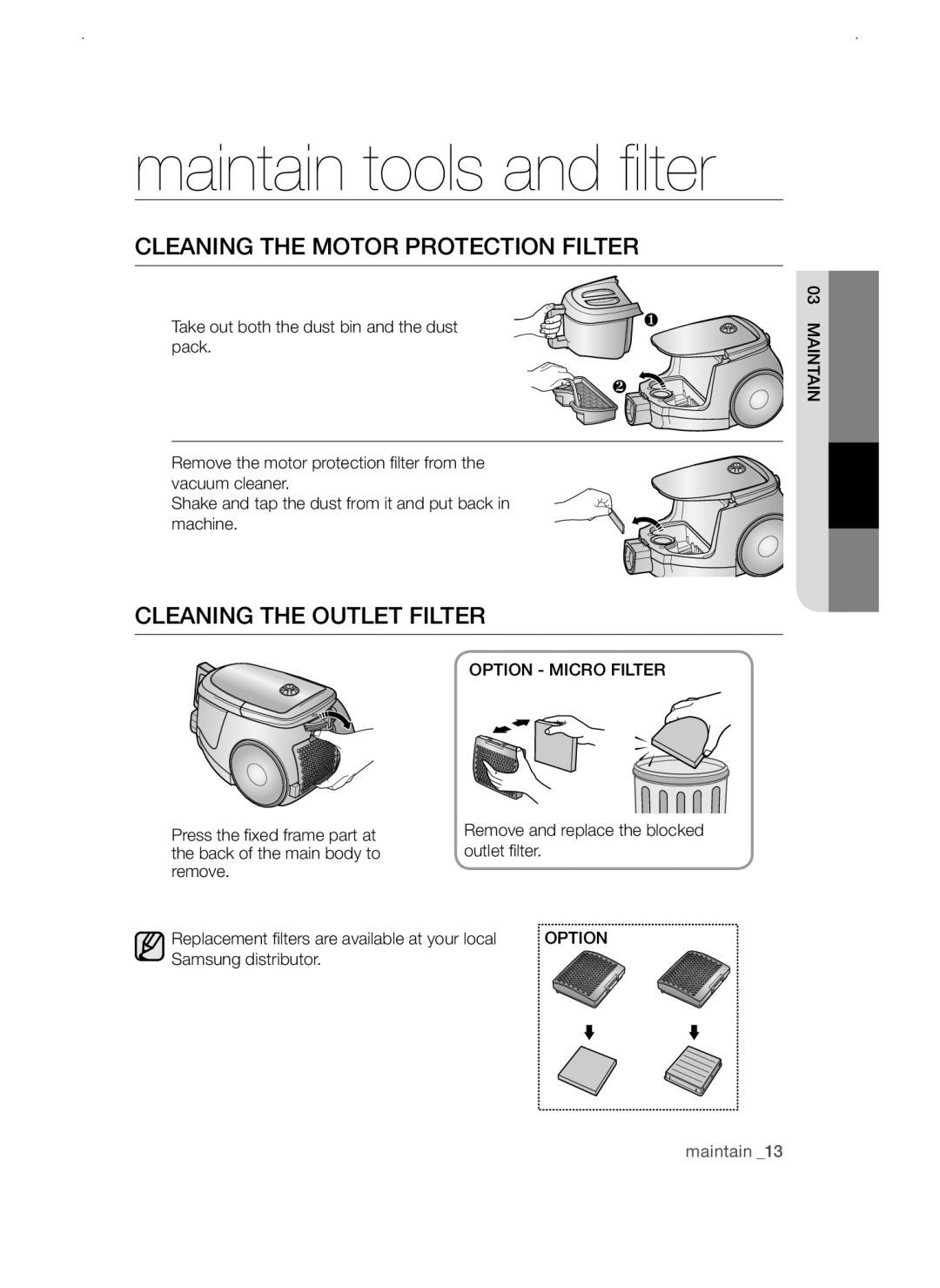 Samsung VCC4750V3R/XSV, VCC4750V32/KSG, VCC4750V3K/DWP Cleaning the motor protection filter, Cleaning the outlet filter 