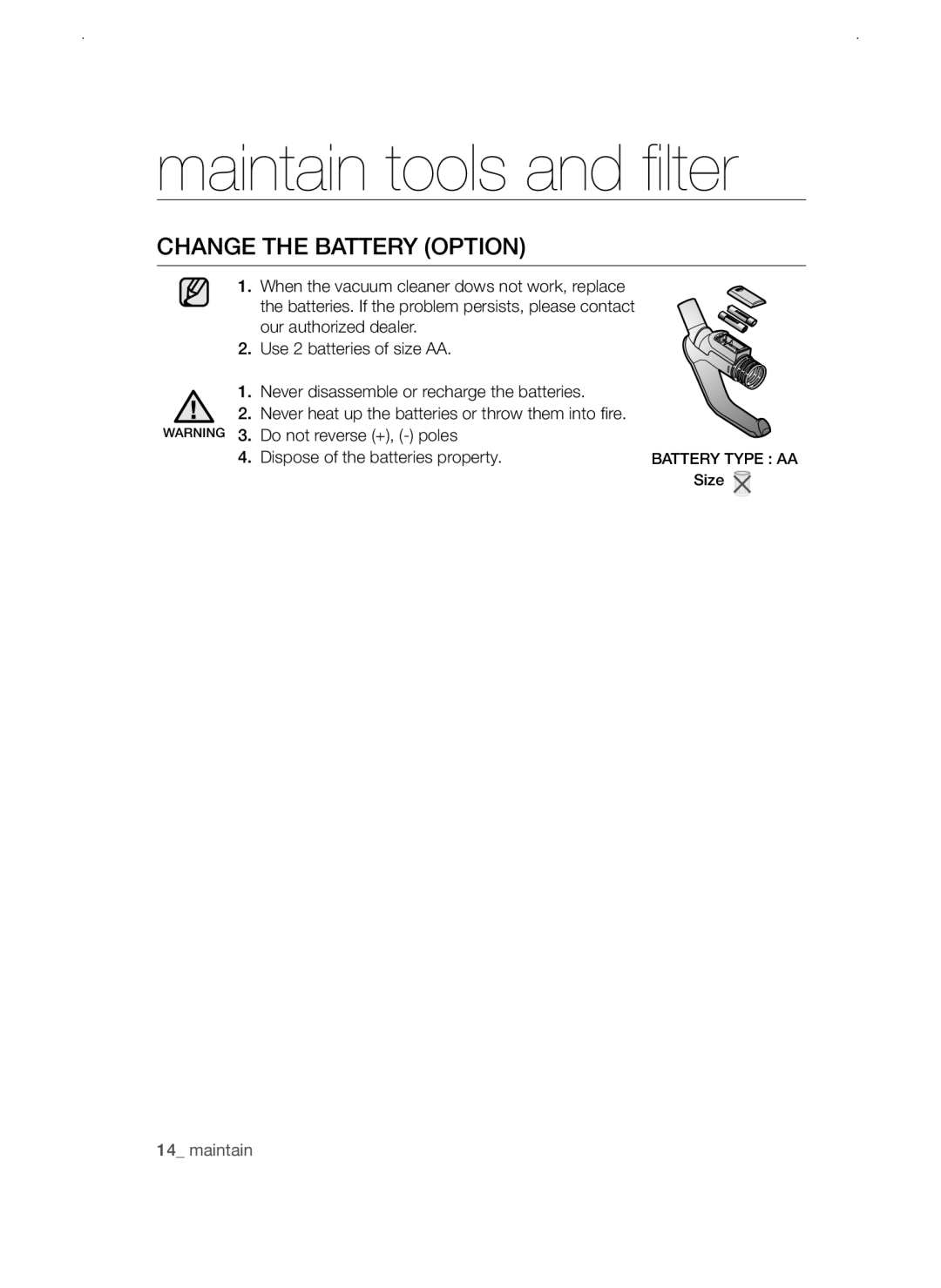 Samsung VCC4750V32/KSG, VCC4750V3K/DWP, VCC4750V3K/UMG, VCC4750V42/ATC, VCC4750V32/XSG manual Change the battery option 