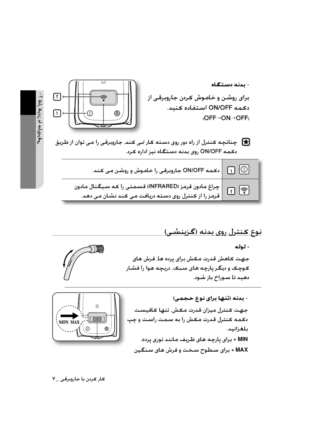 Samsung VCC4750V3K/HAC manual ﺩﺮﮐ ﻩﺭﺍﺩﺍ ﺰﯿﻧ ﻩﺎﮕﺘﺳﺩ ﻪﻧﺪﺑ یﻭﺭ On/Off ﻪﻤﮐﺩ, ﺪﻨﮐ ﯽﻣ ﻦﺷﻭﺭ ﻭ ﺵﻮﻣﺎﺧ ﺍﺭ ﯽﻗﺮﺑﻭﺭﺎﺟ ON/OFF ﻪﻤﮐﺩ ١  