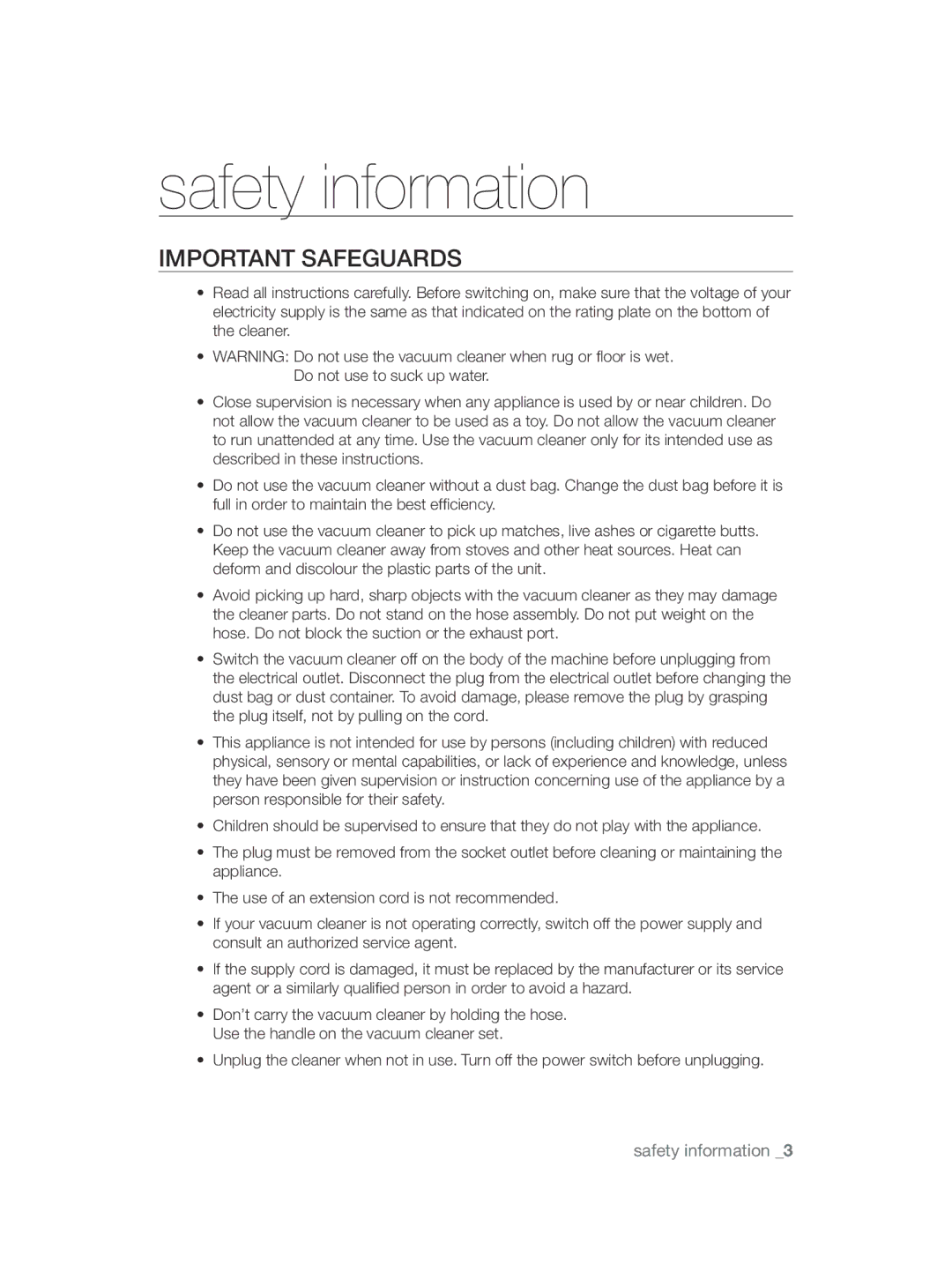 Samsung VCC9380V3R/HAC, VCC4750V3K/HAC manual Important safeguards 