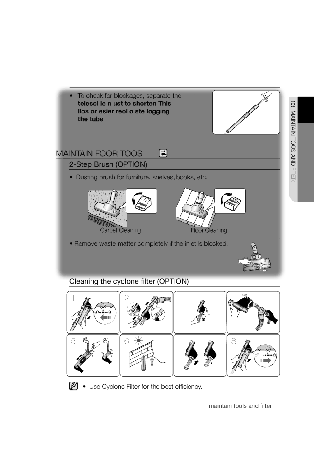 Samsung VCC9380V3R/HAC, VCC4750V3K/HAC manual Maintain floor tools, Step Brush Option, Cleaning the cyclone filter Option 