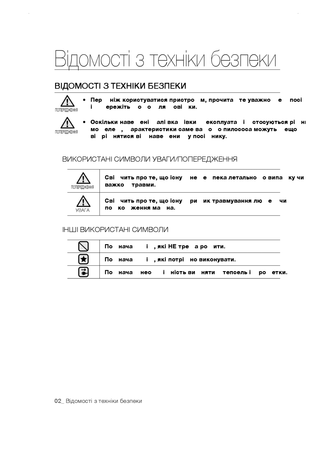 Samsung VCC4740S3B/RVC Відомості з техніки безпеки, Важкої травми, Свідчить про те, що існує ризик травмування людей чи 