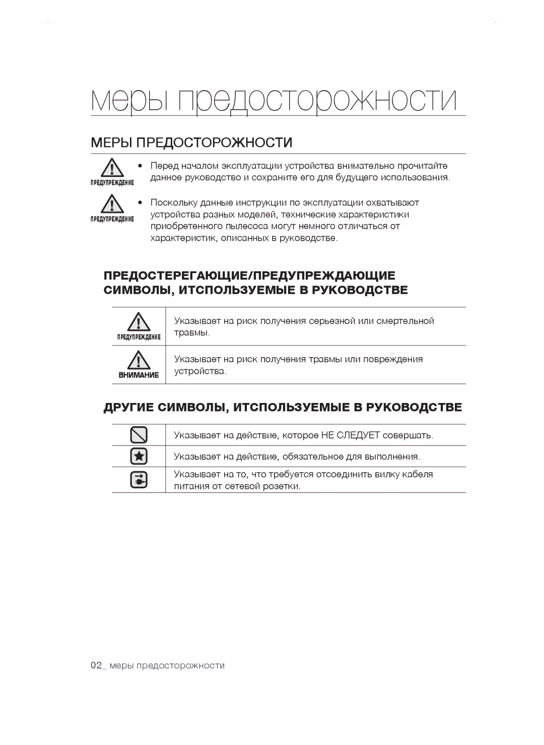 Samsung VCC4765H3K/XEV, VCC4750V3K/XEV, VCC4750V3K/KEV, VCC4752V32/XEV, VCC4760H33/XEV, VCC47S5H35/RVC Меры предосторожности 