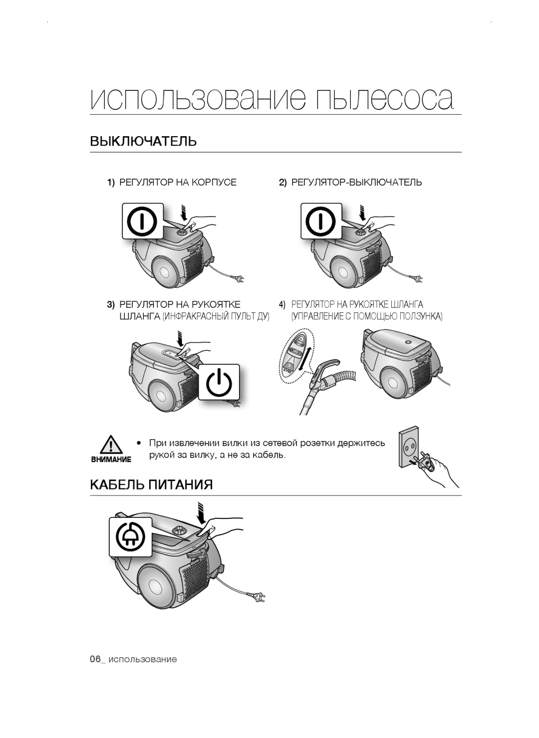 Samsung VCC47S5H35/XEV, VCC4750V3K/XEV manual Выключатель, Кабель питания, Регулятор НА Корпусе, Регулятор НА Рукоятке 