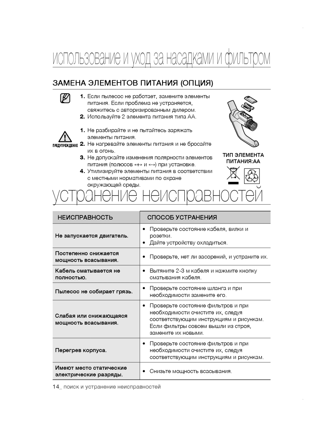 Samsung VCC4740S3B/XEV, VCC4752V32/XEV, VCC4740S3B/RVC manual Замена элементов питания опция, Неисправность Способ Устранения 