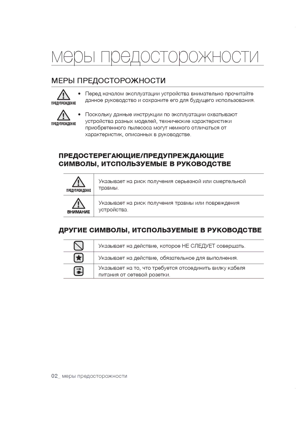 Samsung VCC4757V3W/RVC, VCC4752V32/XEV, VCC4740S3B/RVC, VCC4757V3W/XEV, VCC4740S3B/XEV manual Меры предосторожности 