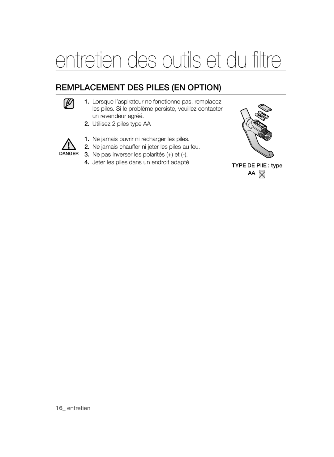 Samsung VCC47F1V3K/XEF, VCC4756V3K/XEF, VCC47Q0V3K/XEF manual Remplacement DES Piles EN Option 