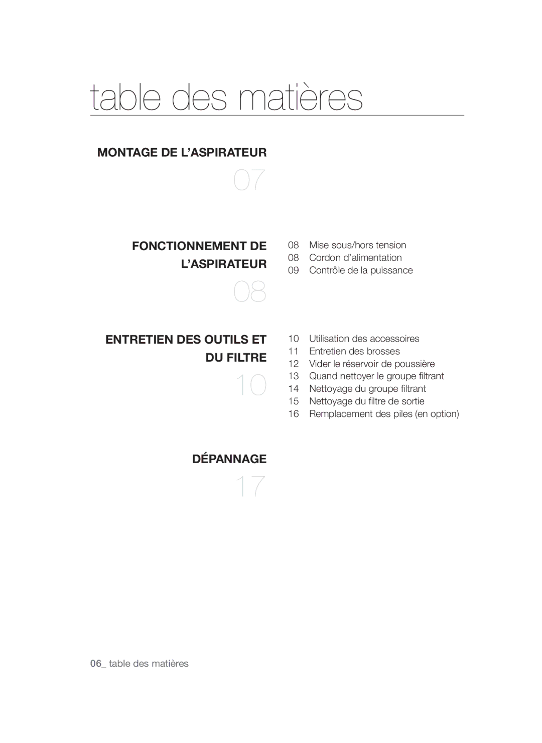 Samsung VCC4756V3K/XEF, VCC47F1V3K/XEF, VCC47Q0V3K/XEF manual Table des matières, DU Filtre 