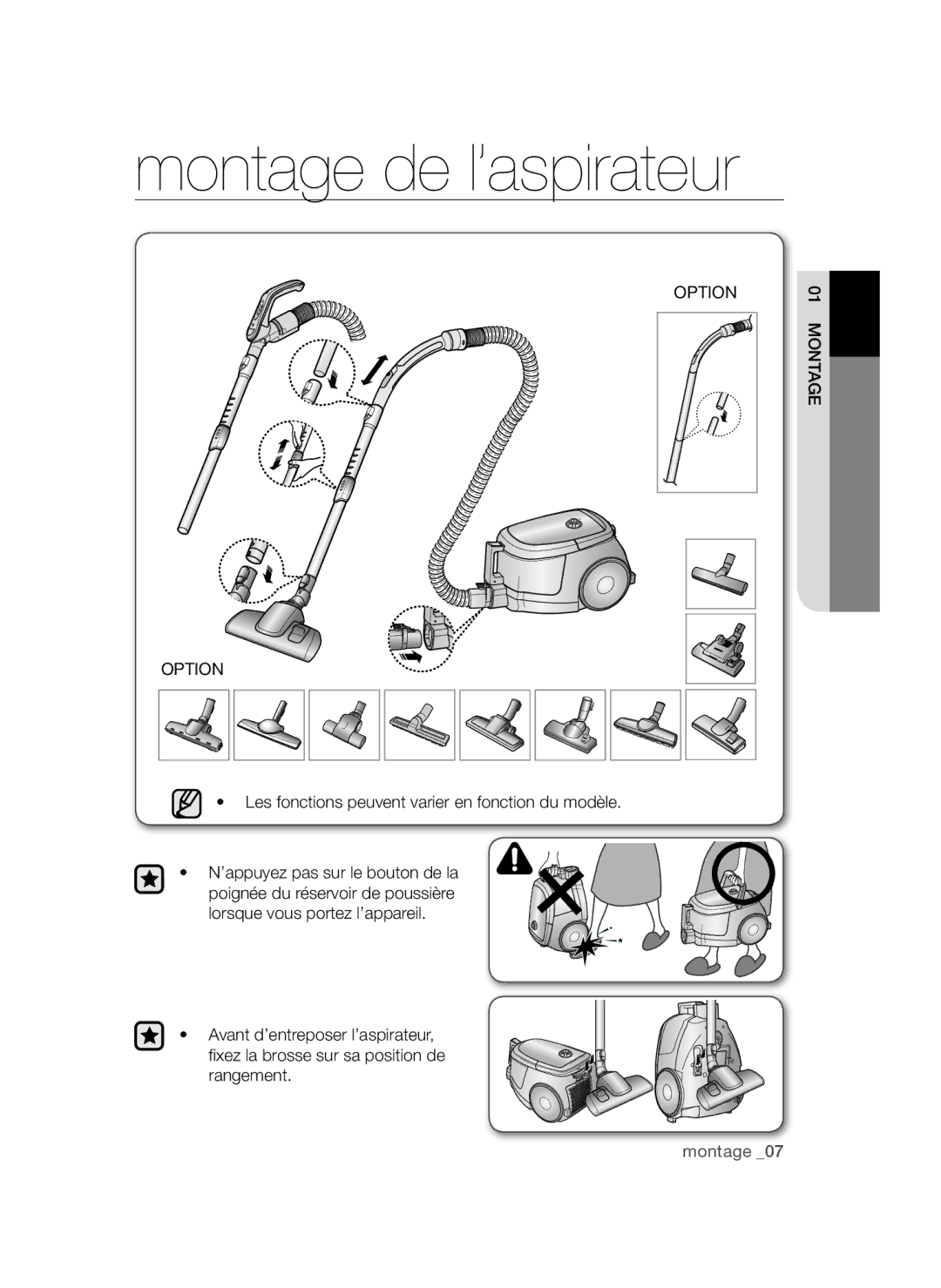 Samsung VCC47F1V3K/XEF, VCC4756V3K/XEF manual Montage de l’aspirateur, Les fonctions peuvent varier en fonction du modèle 