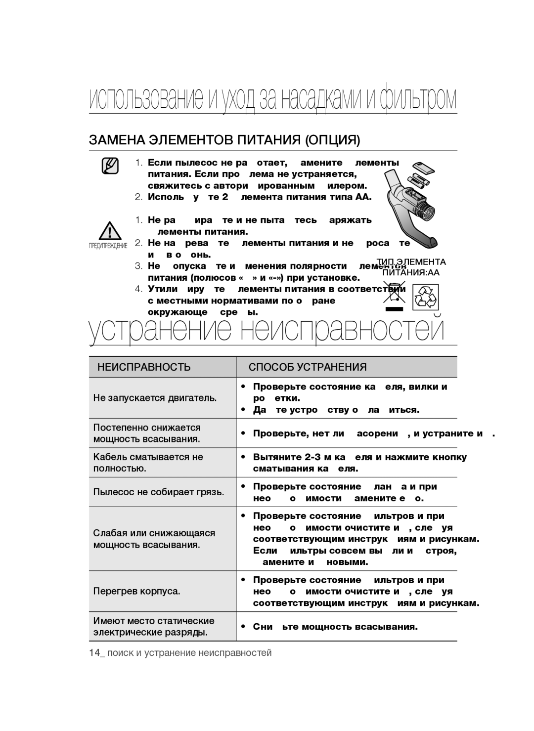 Samsung VCC4760H33/XEV manual Замена элементов питания опция, Неисправность Способ Устранения 