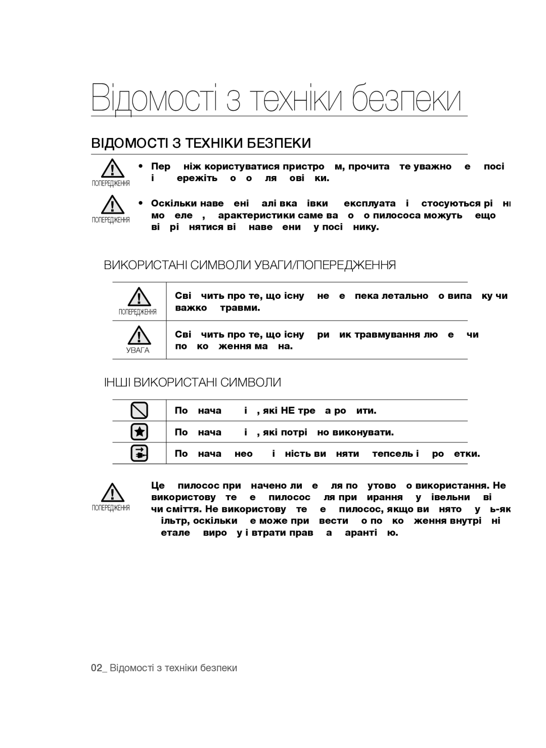 Samsung VCC4760H33/XEV manual Відомості з техніки безпеки 