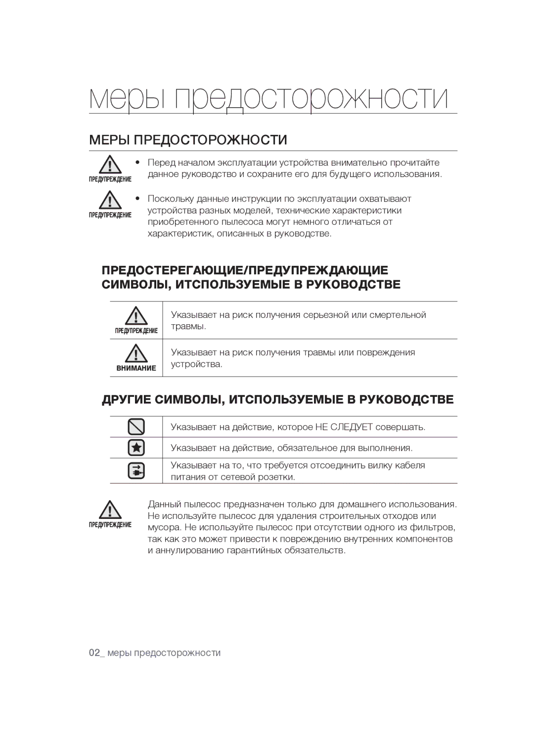 Samsung VCC4760H33/XEV manual Меры предосторожности 