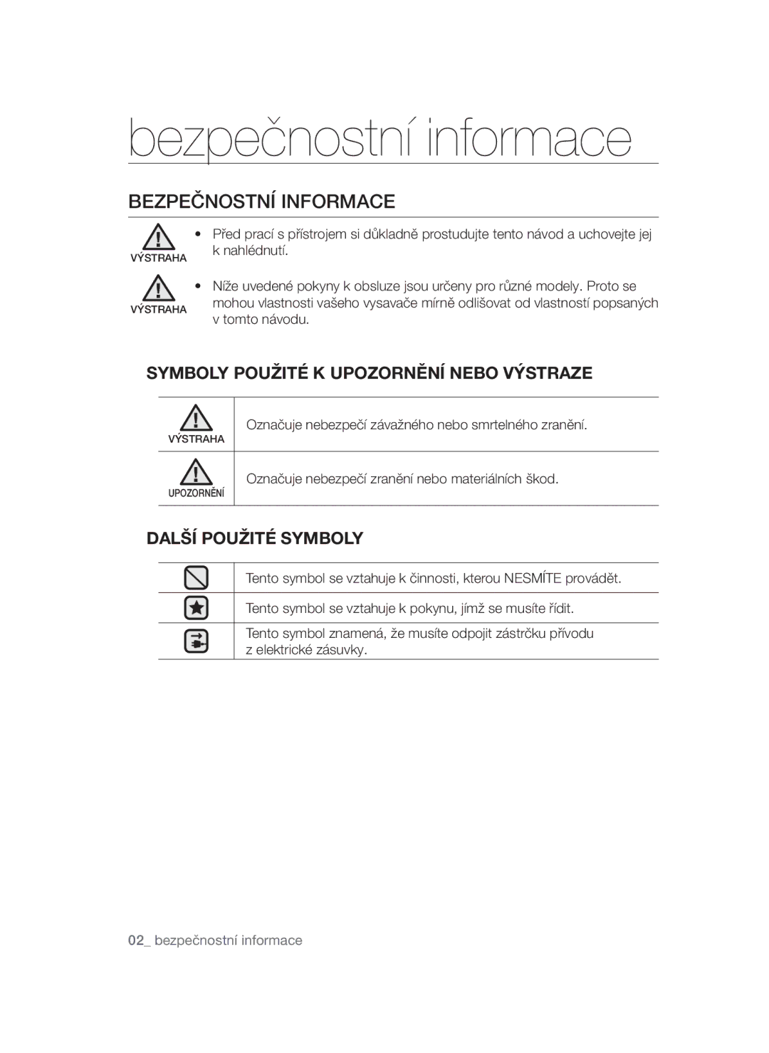 Samsung VCC4780V3K/BOL, VCC4780V32/XEH, VCC4795H3K/XEH manual Bezpečnostní informace 