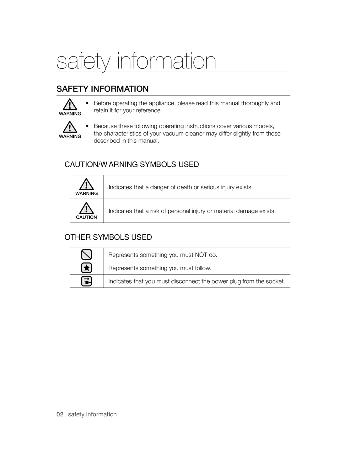 Samsung VCC4795H3K/XEH, VCC4780V3K/BOL, VCC4780V32/XEH manual Safety information 