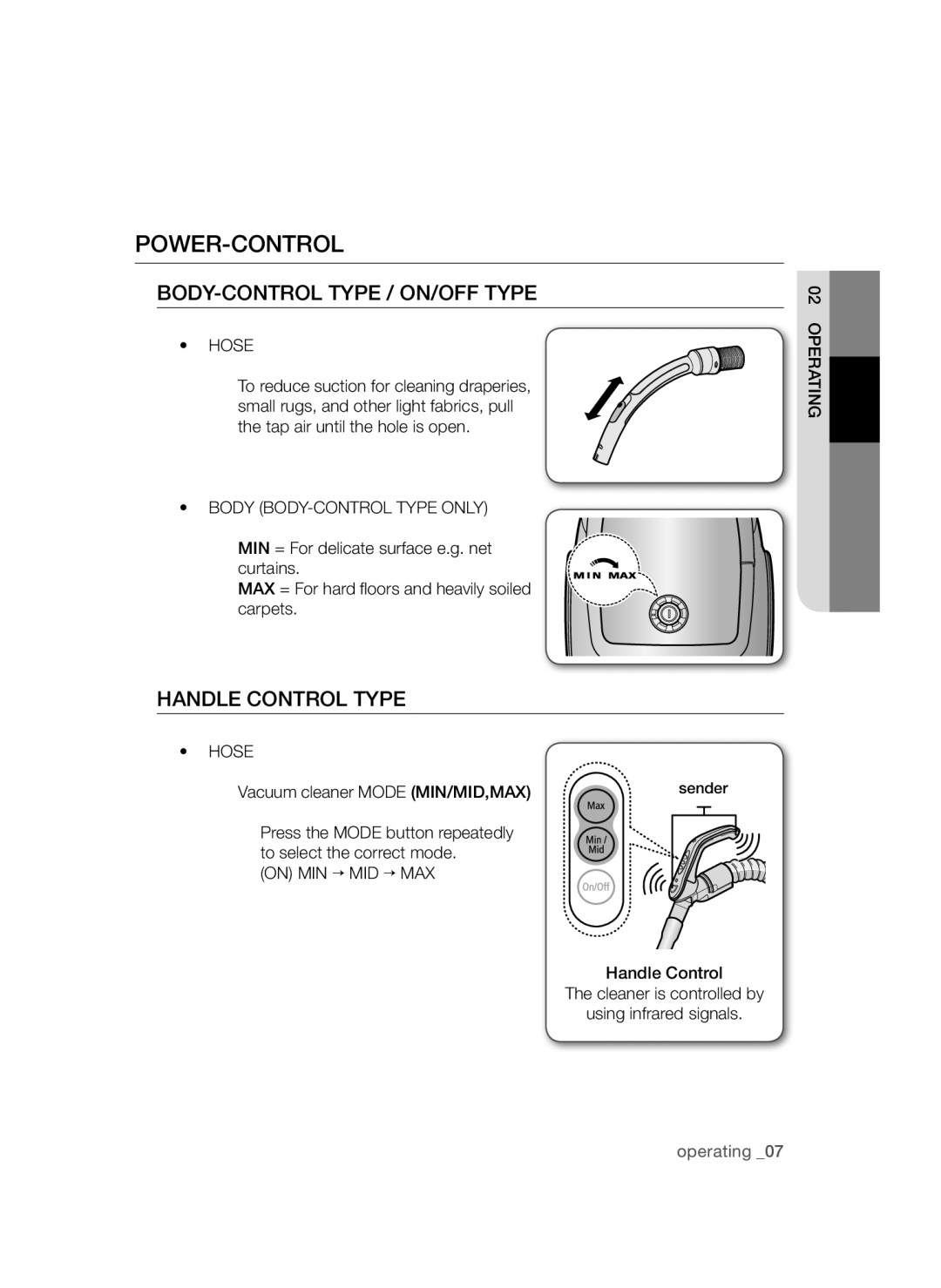 Samsung VCC4780V32/XEH, VCC4780V3K/BOL, VCC4795H3K/XEH Power-Control, Hose, Body BODY-CONTROL Type only, On MIN → MID → MAX 