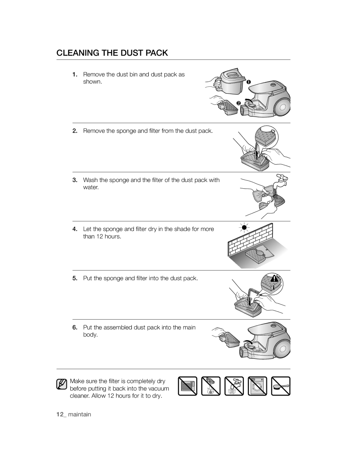 Samsung VCC4780V3K/BOL, VCC4780V32/XEH, VCC4795H3K/XEH manual Cleaning the dust pack 