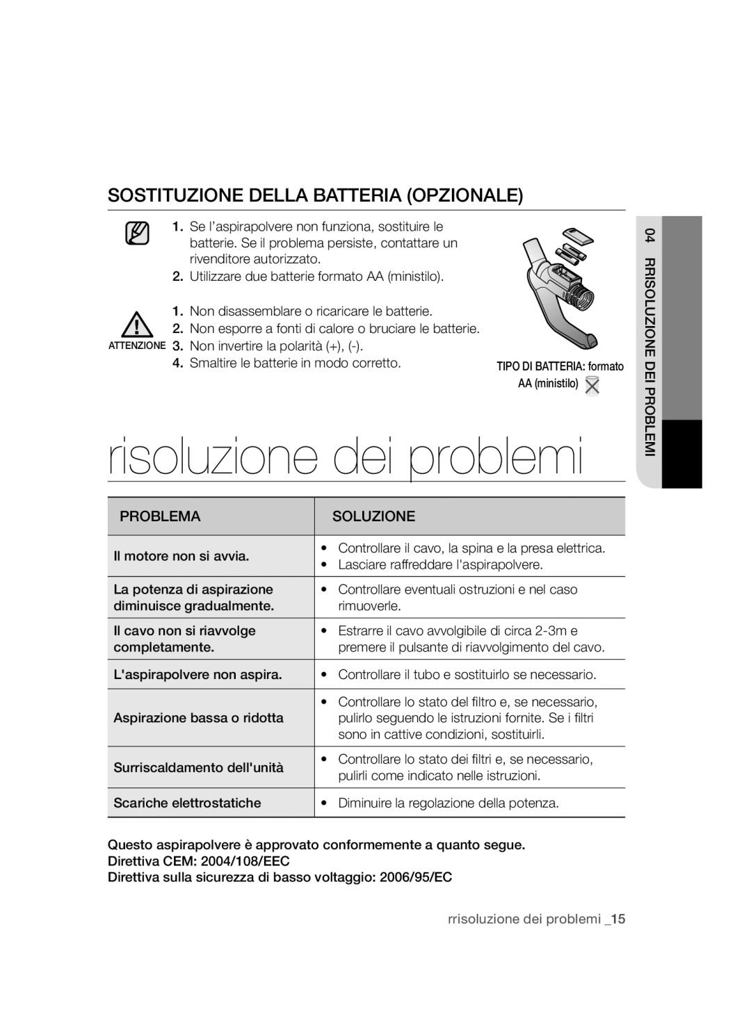 Samsung VCC4782V33/XET, VCC4780V3K/XET, VCC4750V3R/HIM manual Sostituzione della batteria opzionale, Problema Soluzione 