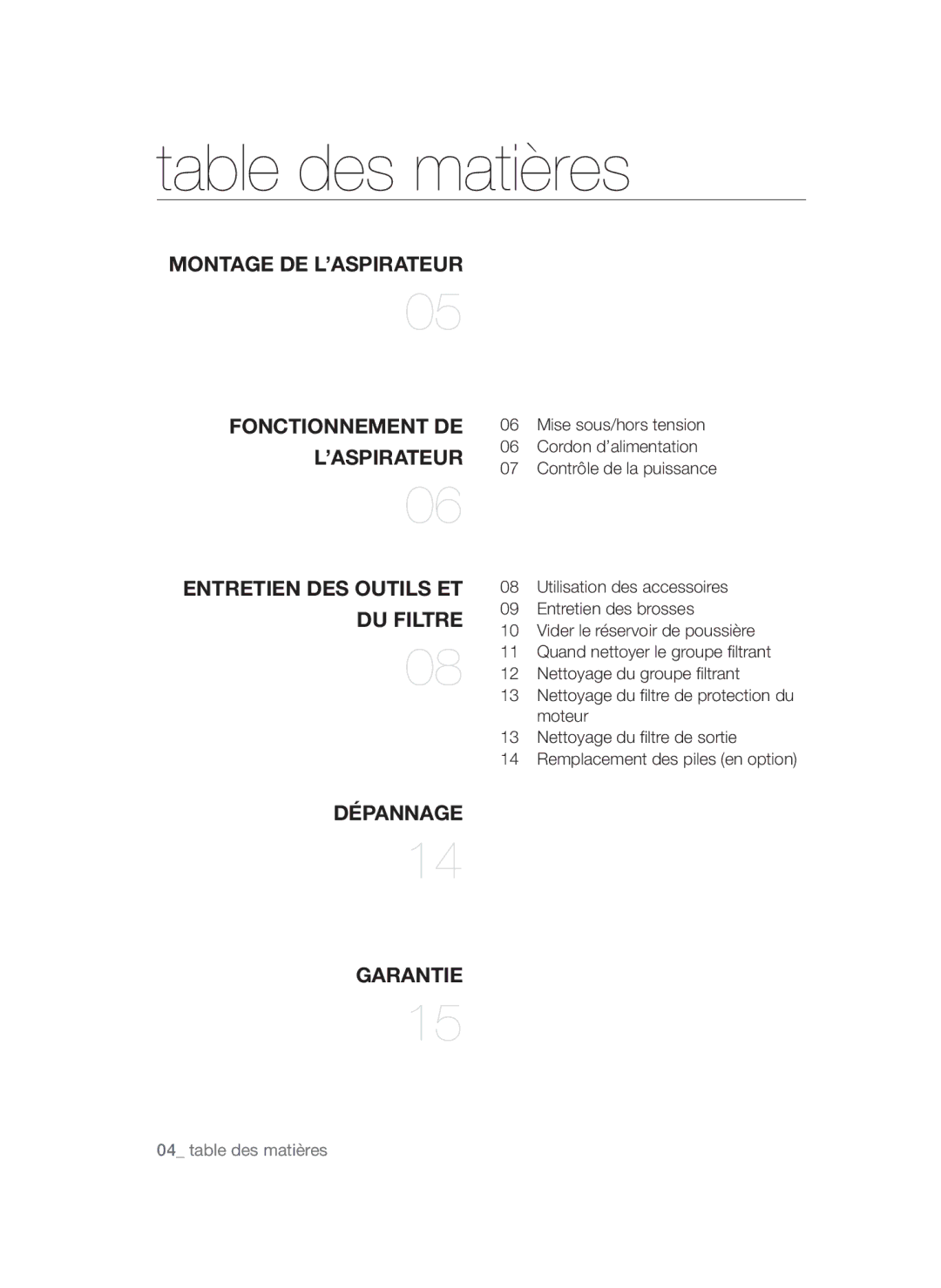 Samsung VCC4780V3K/XEF, VCC4782V31/XEF, VCC4780V3B/XEF, VCC4780V3K/XET, VCC4755V3W/XEF manual Table des matières, Du filtre 