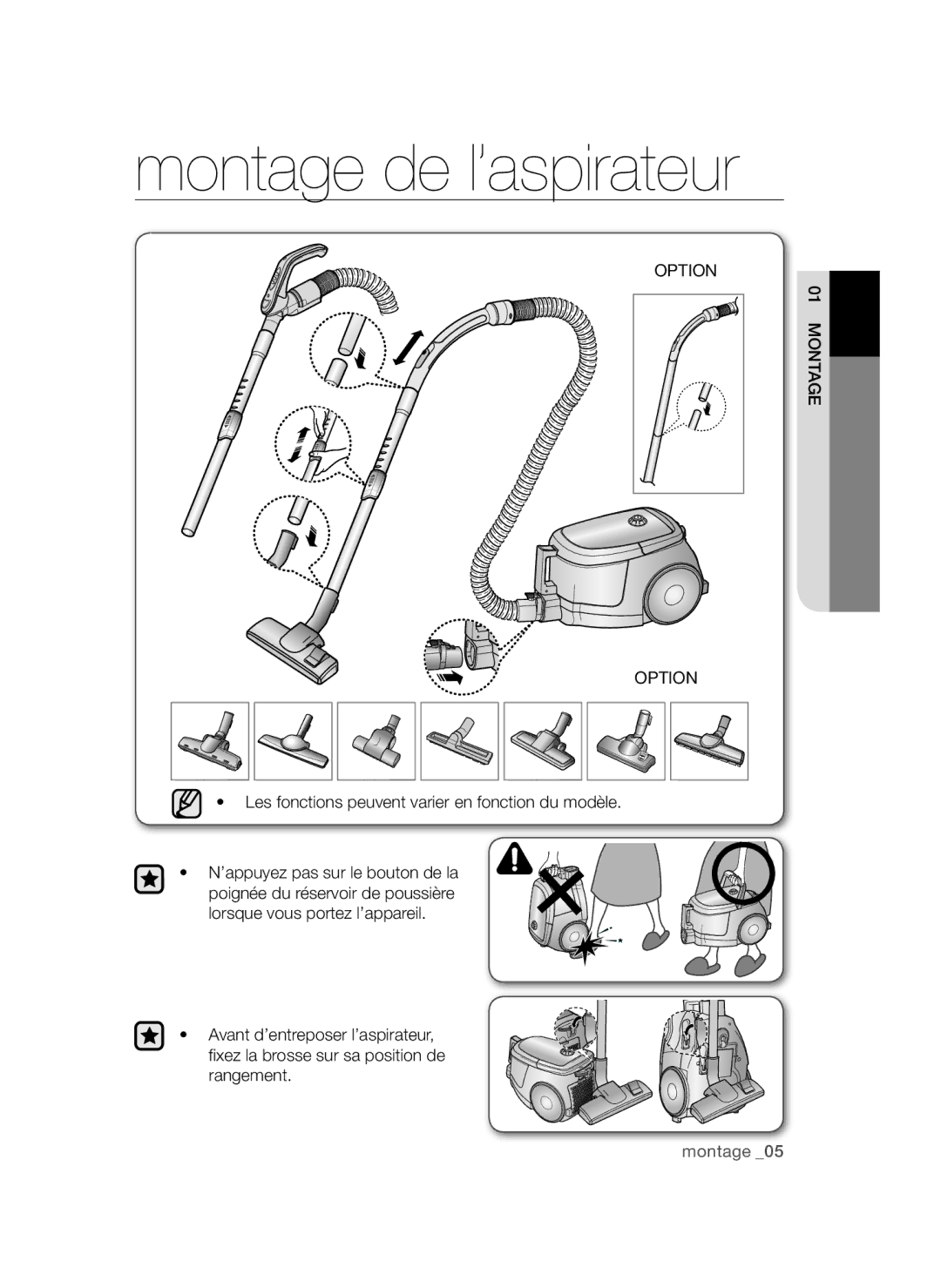 Samsung VCC4790H3R/XEF, VCC4782V31/XEF manual Montage de l’aspirateur, Les fonctions peuvent varier en fonction du modèle 