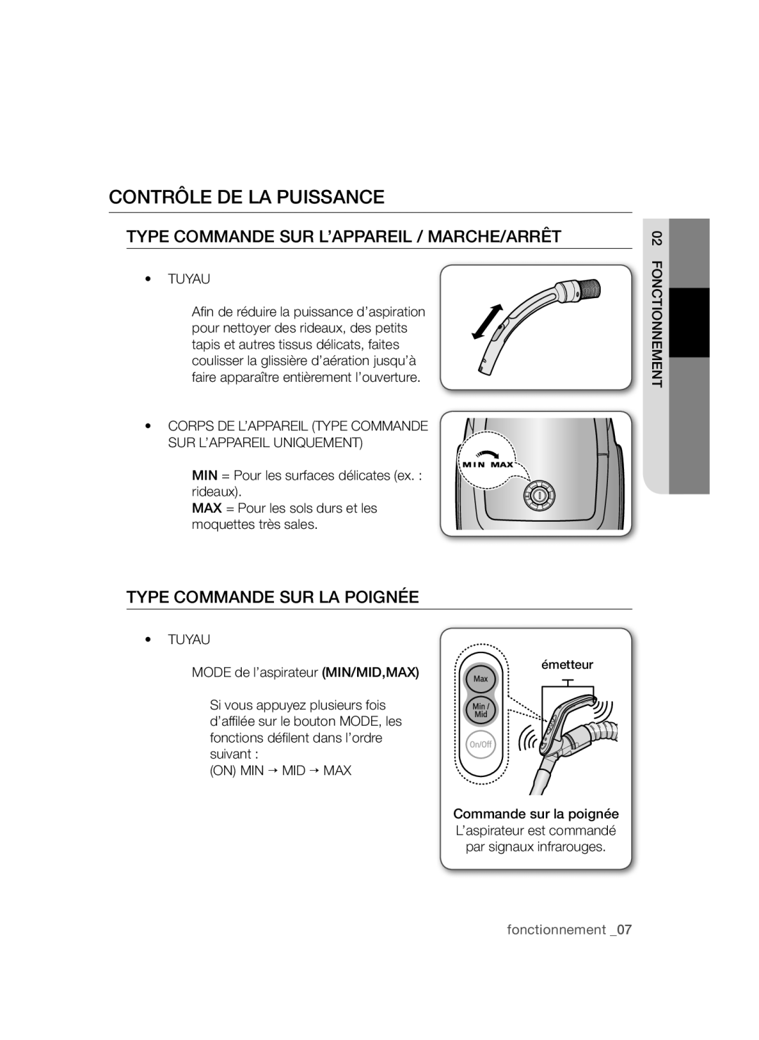 Samsung VCC4782V31/XEF, VCC4780V3B/XEF manual Contrôle de la puissance, Type Commande SUR L’APPAREIL / MARCHE/ARRÊT 