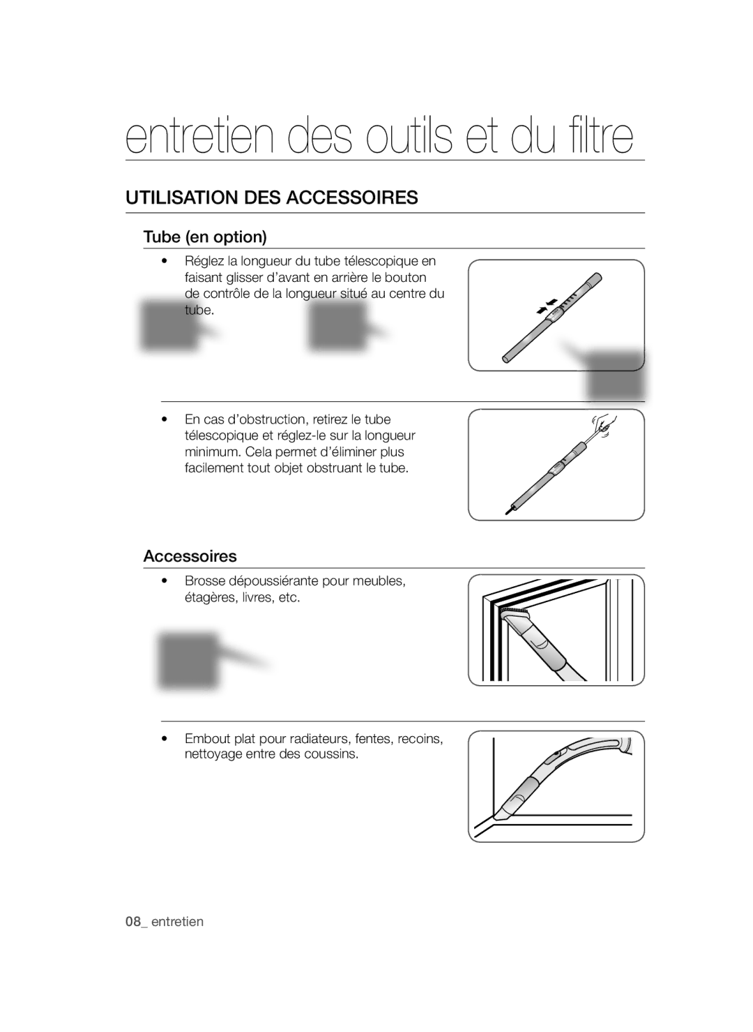 Samsung VCC4780V3B/XEF, VCC4782V31/XEF, VCC4780V3K/XET manual Entretien des outils et du filtre, Utilisation des accessoires 