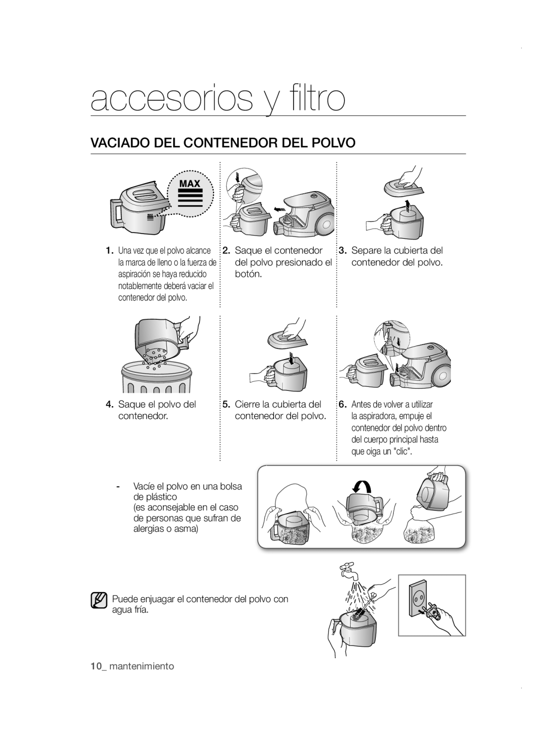 Samsung VCC4785V3K/XEC manual Vaciado del contenedor del polvo 